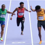 Atlet negara, Muhd Azeem Fahmi beraksi dalam acara 100 Meter Lelaki pusingan pertama di Sukan Olimpik Paris 2024, di Arena Stade De France hari ini.