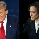 Kamala Harris berucap semasa debat presiden AS di Philadelphia, Pennsylvania, pada 10 September 2024, dengan calon Republican dan bekas presiden Donald Trump turut hadir sebagai pemerhati.