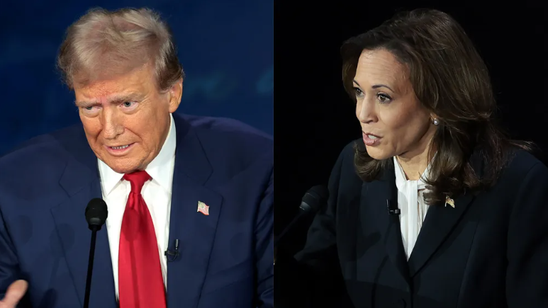 Kamala Harris berucap semasa debat presiden AS di Philadelphia, Pennsylvania, pada 10 September 2024, dengan calon Republican dan bekas presiden Donald Trump turut hadir sebagai pemerhati.